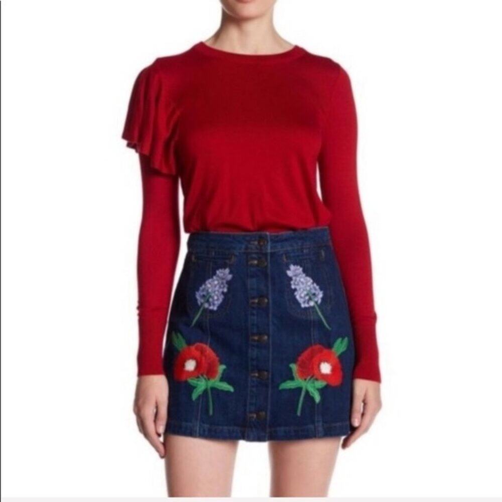 TOPSHOP Red Half Ruffle Sweater Top US 2 - Picture 2 of 9